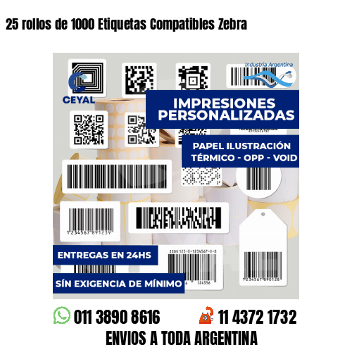 25 rollos de 1000 Etiquetas Compatibles Zebra 