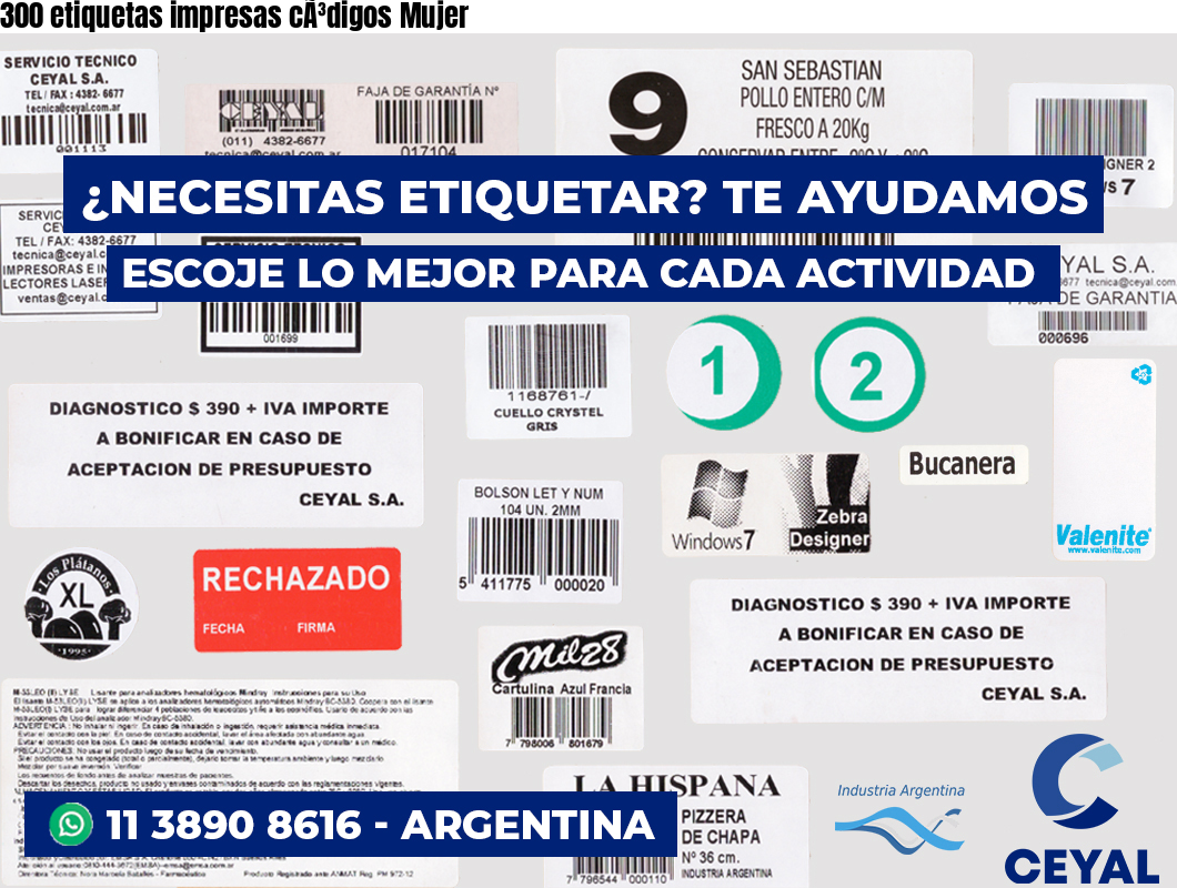 300 etiquetas impresas cÃ³digos Mujer