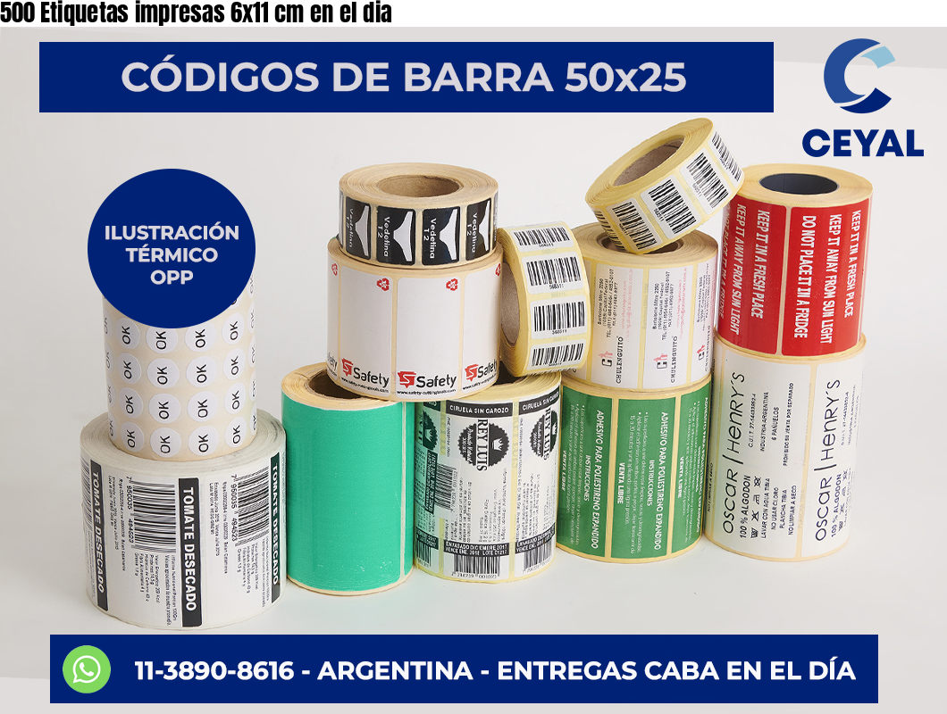 500 Etiquetas impresas 6×11 cm en el dia