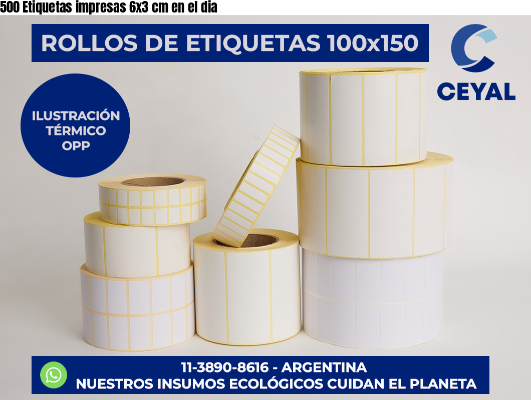 500 Etiquetas impresas 6×3 cm en el dia