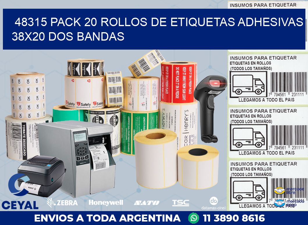 48315 PACK 20 ROLLOS DE ETIQUETAS ADHESIVAS 38X20 DOS BANDAS