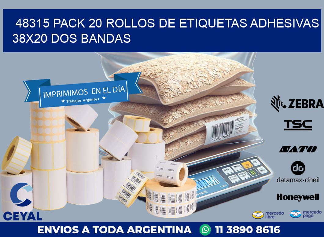 48315 PACK 20 ROLLOS DE ETIQUETAS ADHESIVAS 38X20 DOS BANDAS