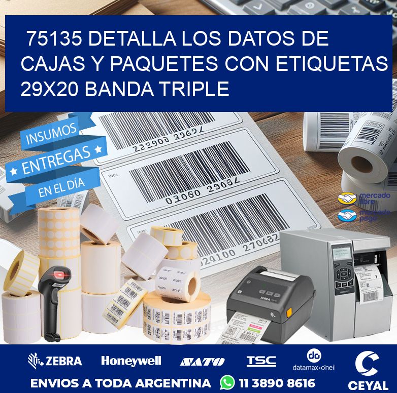 75135 DETALLA LOS DATOS DE CAJAS Y PAQUETES CON ETIQUETAS 29X20 BANDA TRIPLE