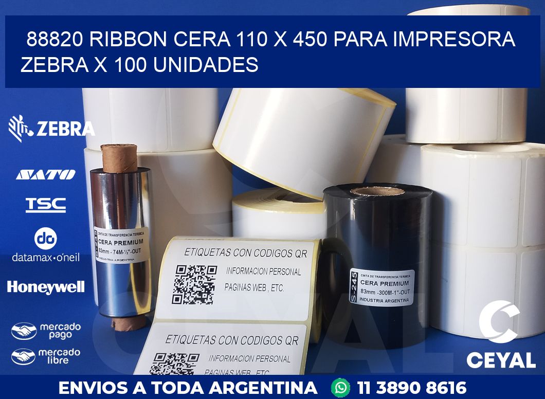 88820 RIBBON CERA 110 X 450 PARA IMPRESORA ZEBRA X 100 UNIDADES