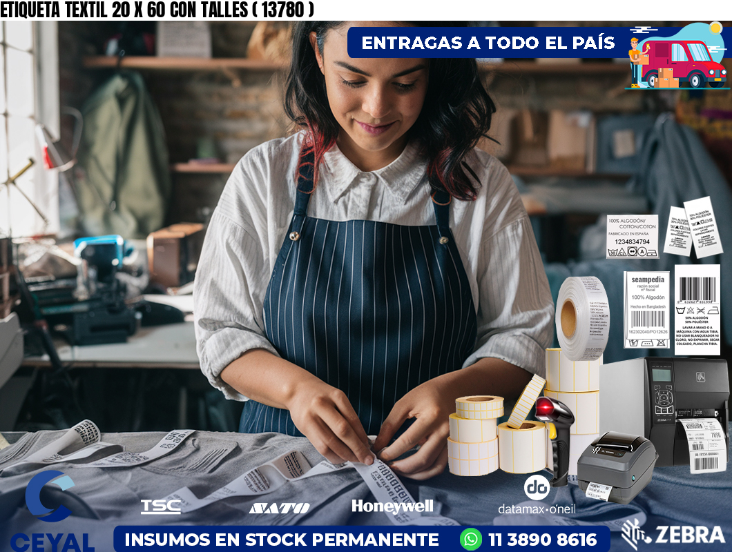 ETIQUETA TEXTIL 20 X 60 CON TALLES ( 13780 )