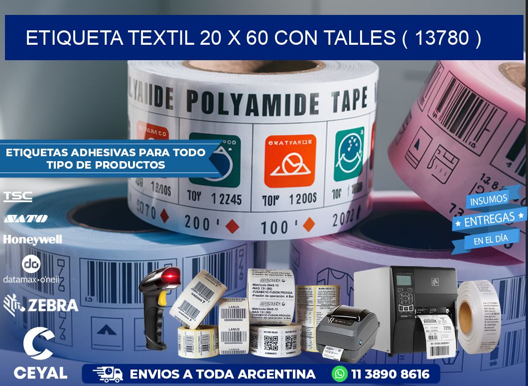 ETIQUETA TEXTIL 20 X 60 CON TALLES ( 13780 )