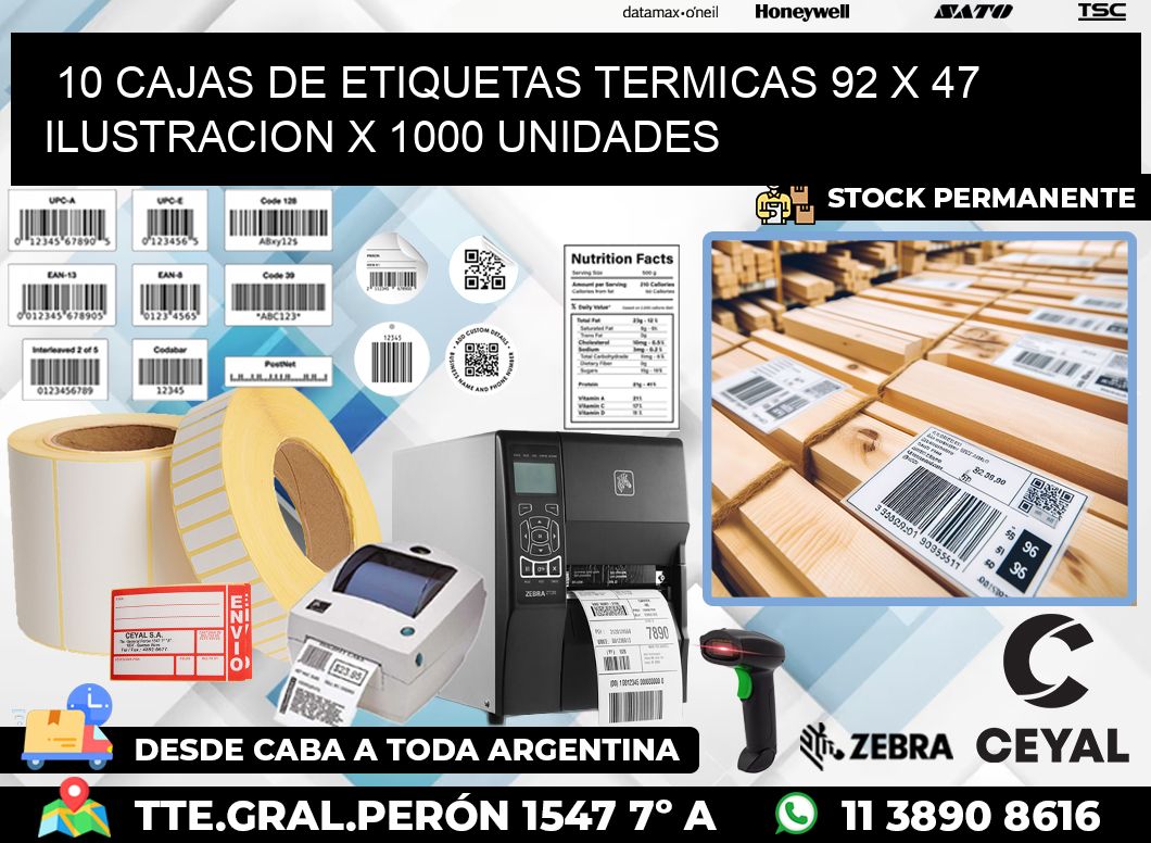 10 CAJAS DE ETIQUETAS TERMICAS 92 x 47 ILUSTRACION X 1000 UNIDADES