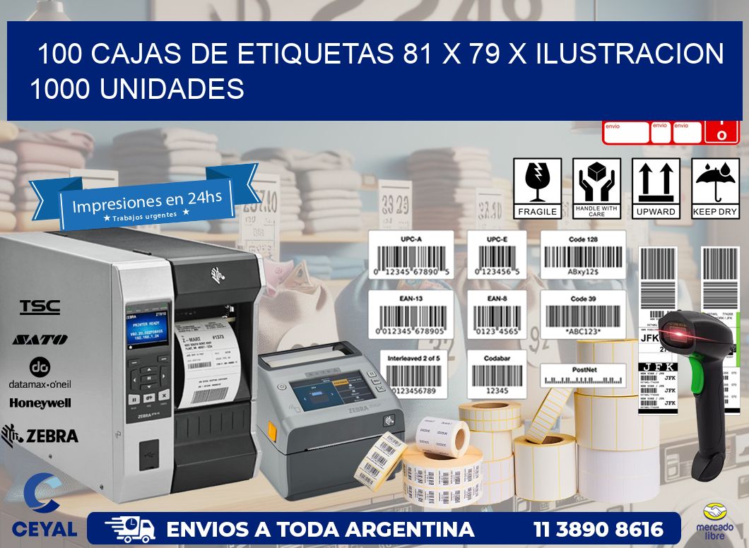 100 CAJAS DE ETIQUETAS 81 x 79 X ILUSTRACION 1000 UNIDADES