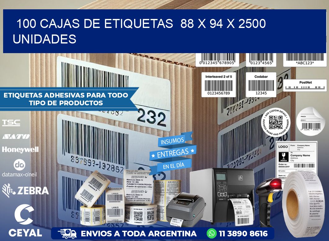 100 CAJAS DE ETIQUETAS  88 x 94 X 2500 UNIDADES