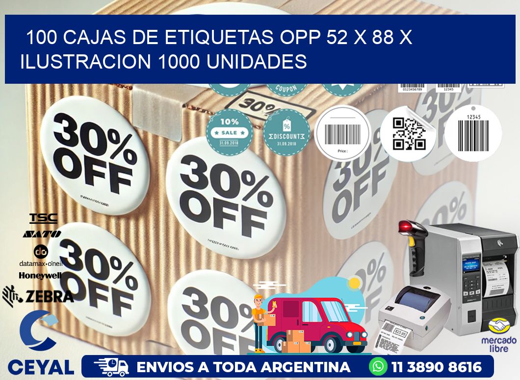 100 CAJAS DE ETIQUETAS OPP 52 x 88 X ILUSTRACION 1000 UNIDADES