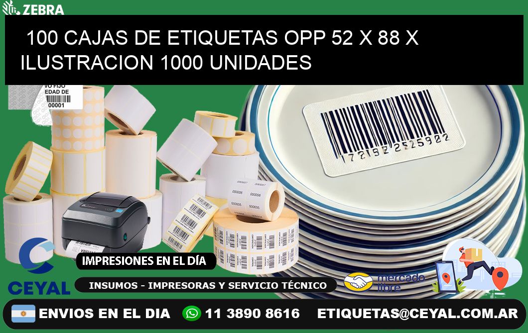 100 CAJAS DE ETIQUETAS OPP 52 x 88 X ILUSTRACION 1000 UNIDADES