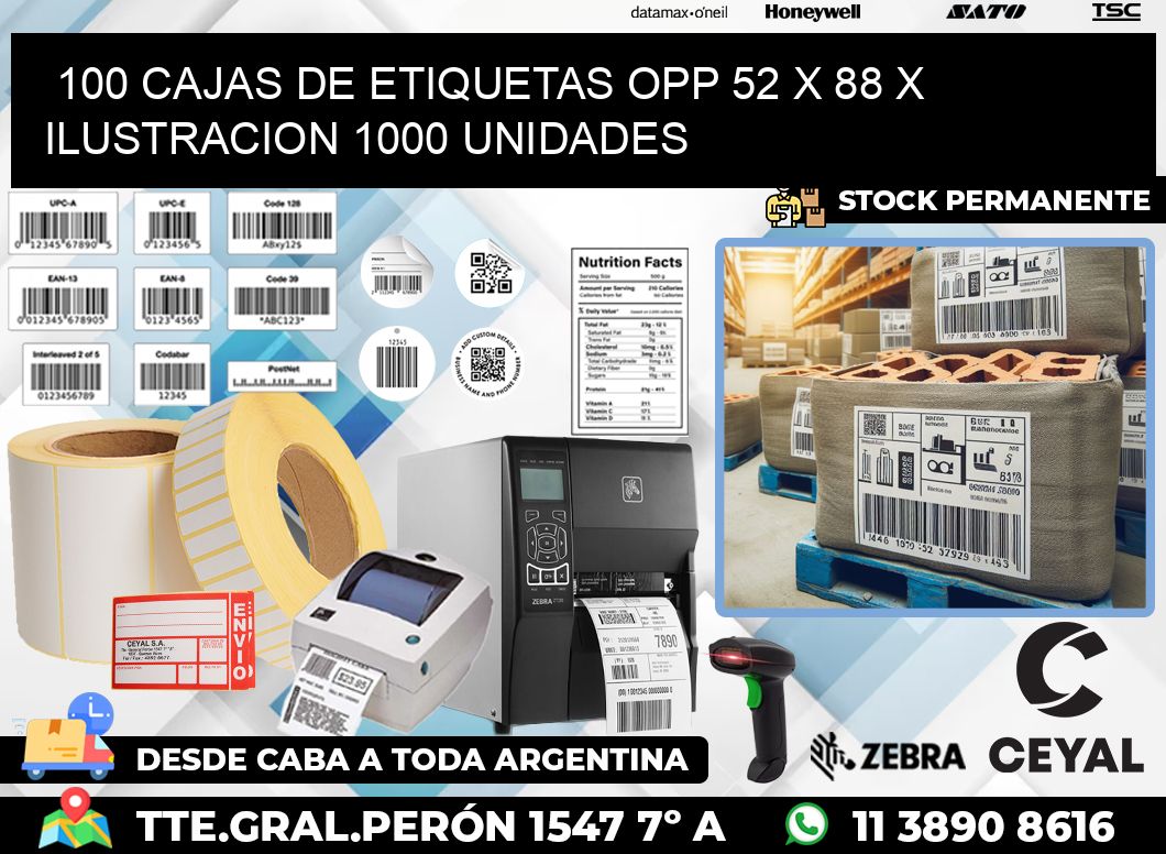 100 CAJAS DE ETIQUETAS OPP 52 x 88 X ILUSTRACION 1000 UNIDADES