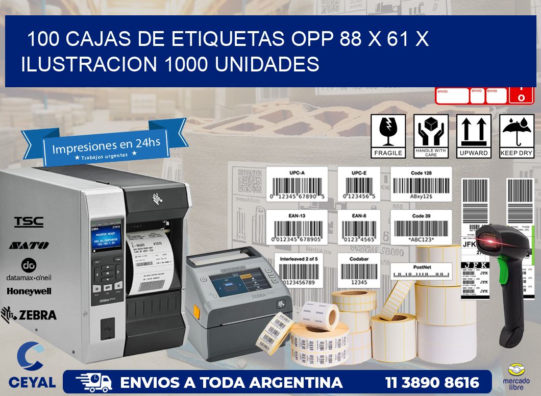 100 CAJAS DE ETIQUETAS OPP 88 x 61 X ILUSTRACION 1000 UNIDADES