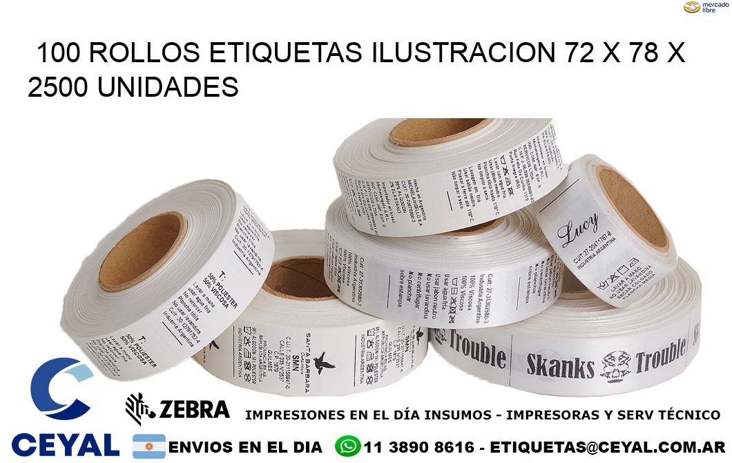 100 ROLLOS ETIQUETAS ILUSTRACION 72 x 78 X 2500 UNIDADES