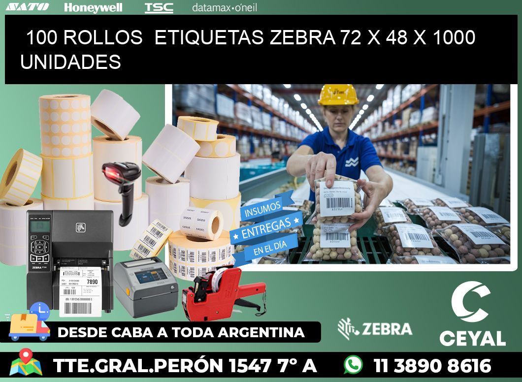 100 ROLLOS  ETIQUETAS ZEBRA 72 x 48 X 1000 UNIDADES