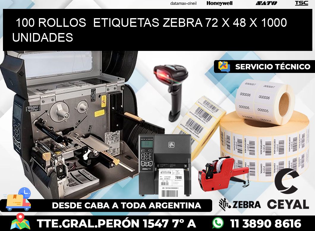 100 ROLLOS  ETIQUETAS ZEBRA 72 x 48 X 1000 UNIDADES