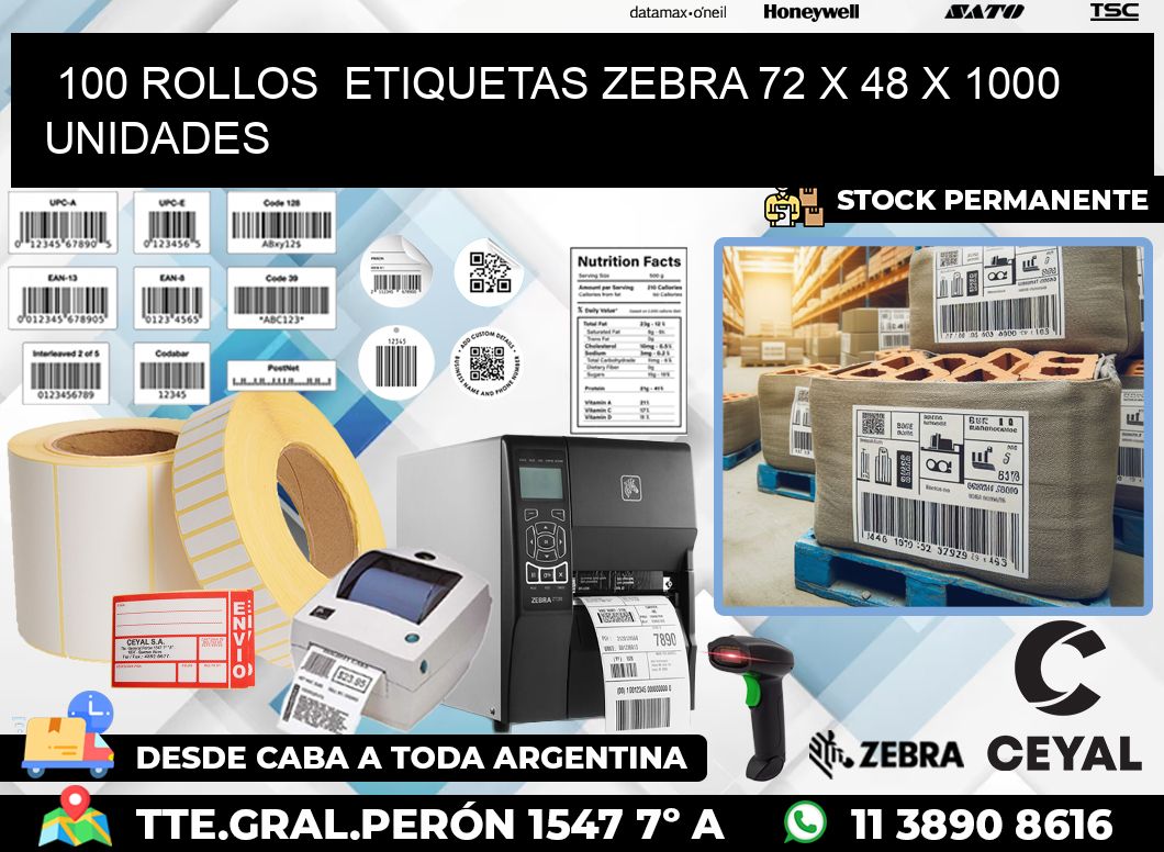 100 ROLLOS  ETIQUETAS ZEBRA 72 x 48 X 1000 UNIDADES