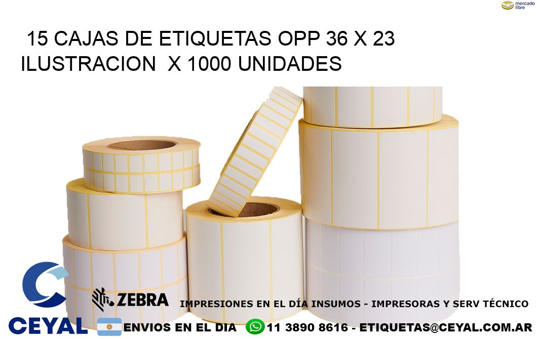 15 CAJAS DE ETIQUETAS OPP 36 x 23 ILUSTRACION  X 1000 UNIDADES