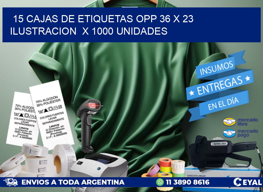 15 CAJAS DE ETIQUETAS OPP 36 x 23 ILUSTRACION  X 1000 UNIDADES