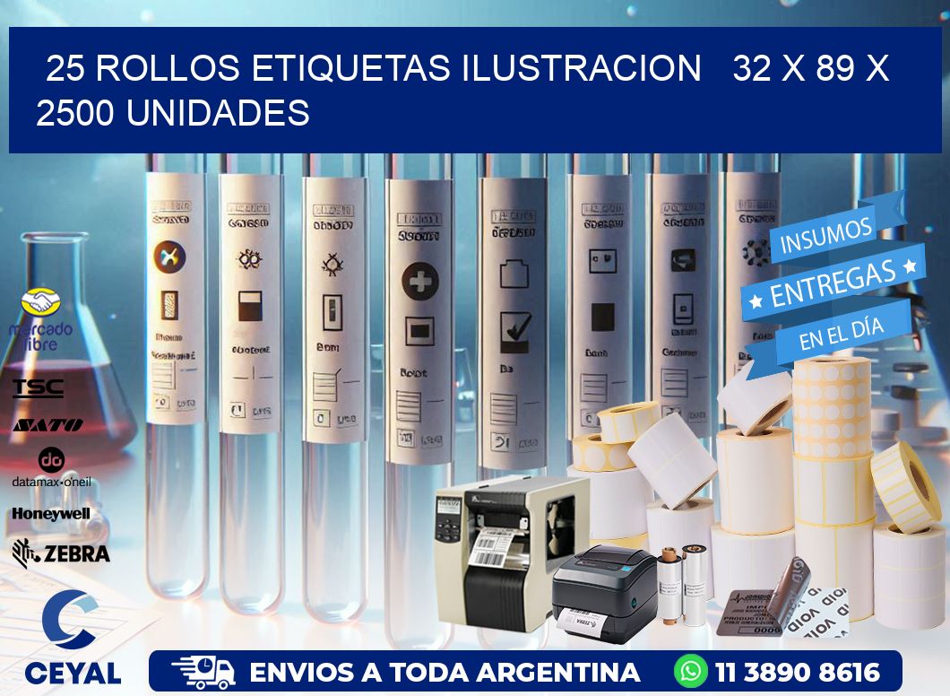 25 ROLLOS ETIQUETAS ILUSTRACION   32 x 89 X 2500 UNIDADES