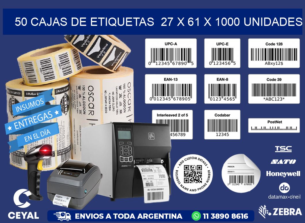 50 CAJAS DE ETIQUETAS  27 x 61 X 1000 UNIDADES