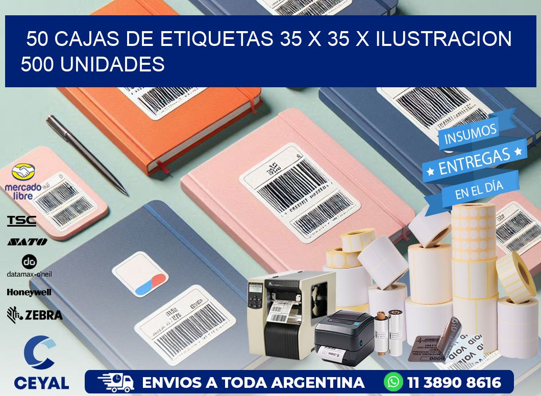 50 CAJAS DE ETIQUETAS 35 x 35 X ILUSTRACION 500 UNIDADES