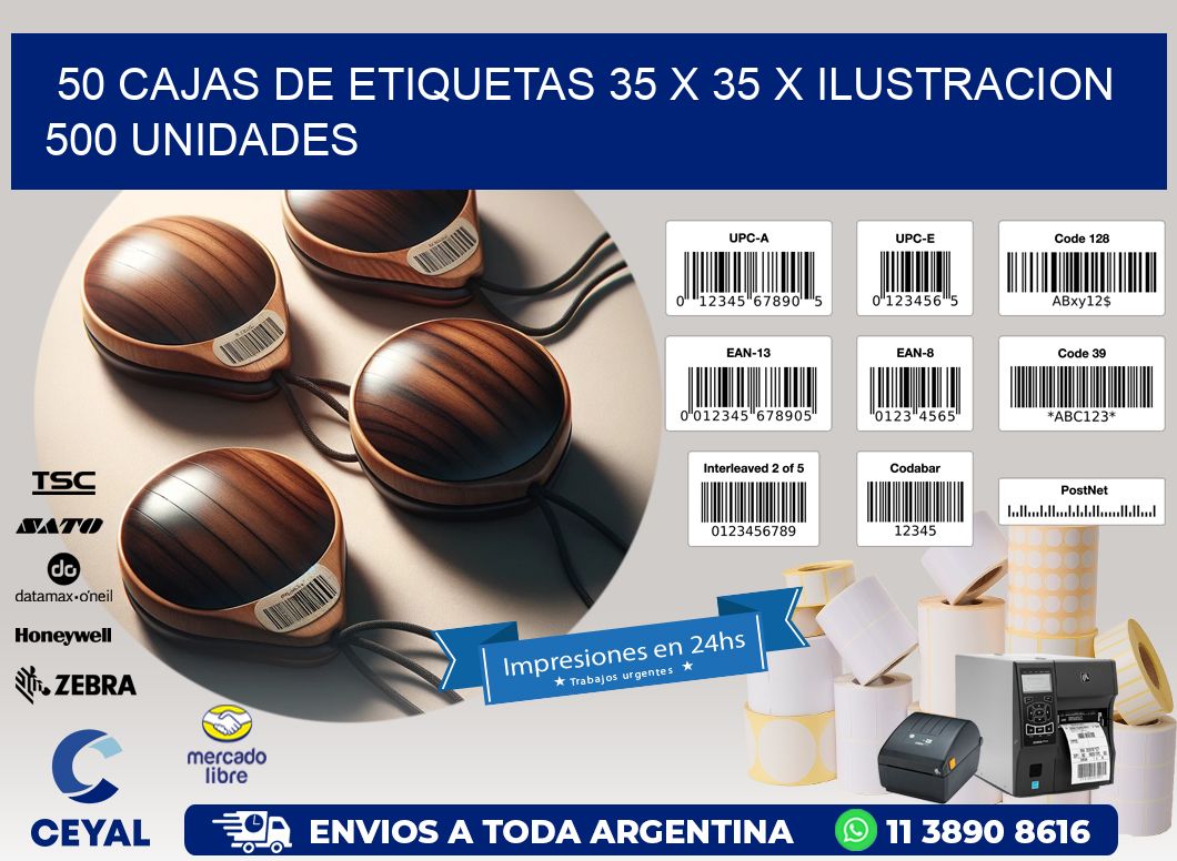 50 CAJAS DE ETIQUETAS 35 x 35 X ILUSTRACION 500 UNIDADES