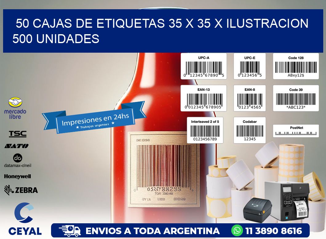 50 CAJAS DE ETIQUETAS 35 x 35 X ILUSTRACION 500 UNIDADES