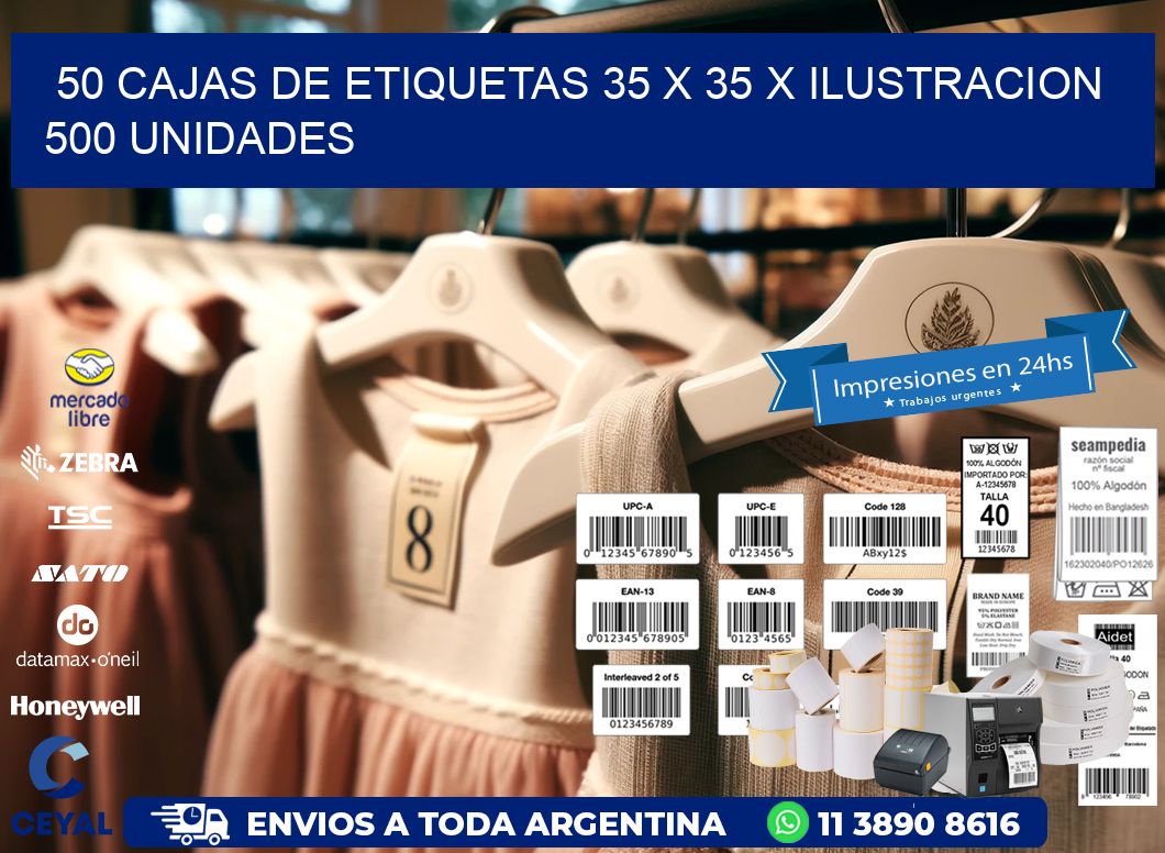 50 CAJAS DE ETIQUETAS 35 x 35 X ILUSTRACION 500 UNIDADES