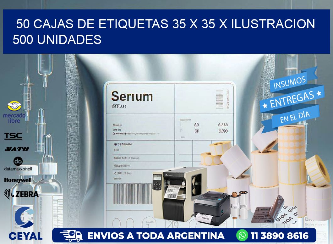 50 CAJAS DE ETIQUETAS 35 x 35 X ILUSTRACION 500 UNIDADES