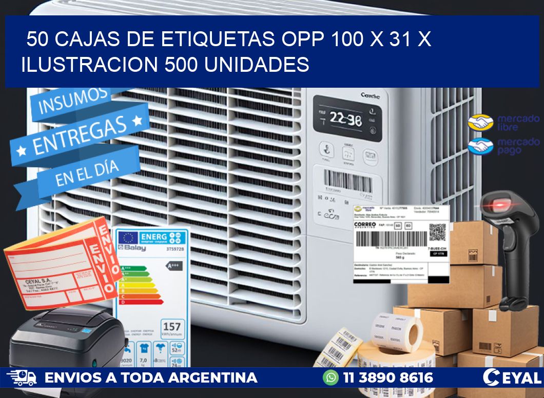 50 CAJAS DE ETIQUETAS OPP 100 x 31 X ILUSTRACION 500 UNIDADES