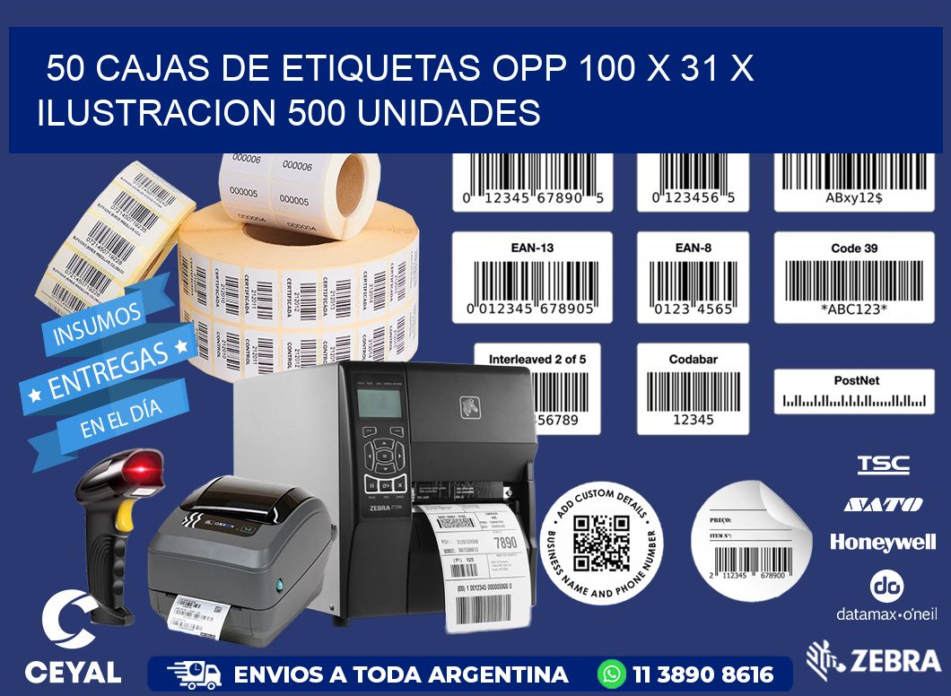 50 CAJAS DE ETIQUETAS OPP 100 x 31 X ILUSTRACION 500 UNIDADES