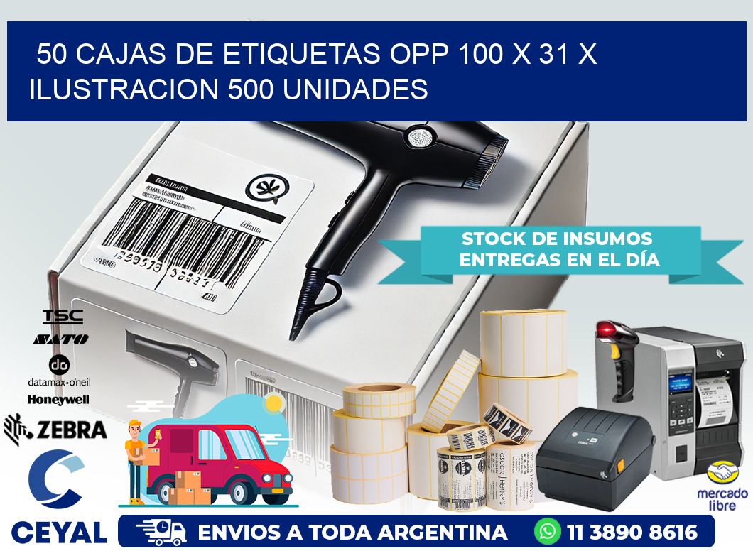 50 CAJAS DE ETIQUETAS OPP 100 x 31 X ILUSTRACION 500 UNIDADES