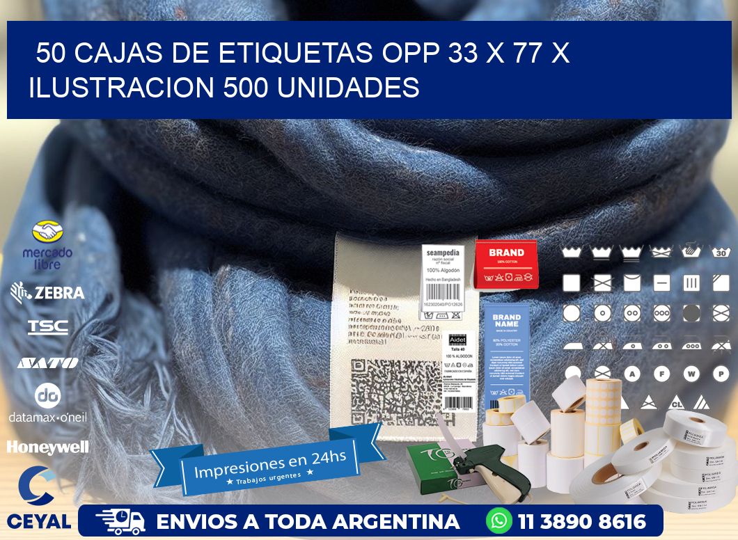 50 CAJAS DE ETIQUETAS OPP 33 x 77 X ILUSTRACION 500 UNIDADES