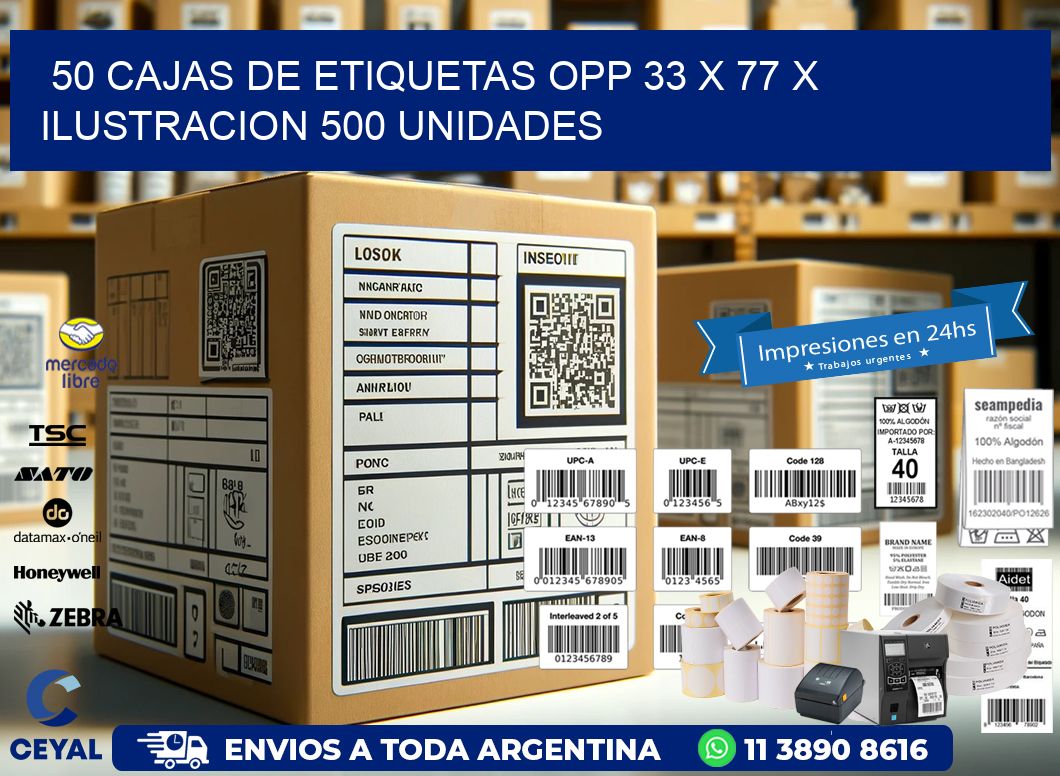 50 CAJAS DE ETIQUETAS OPP 33 x 77 X ILUSTRACION 500 UNIDADES