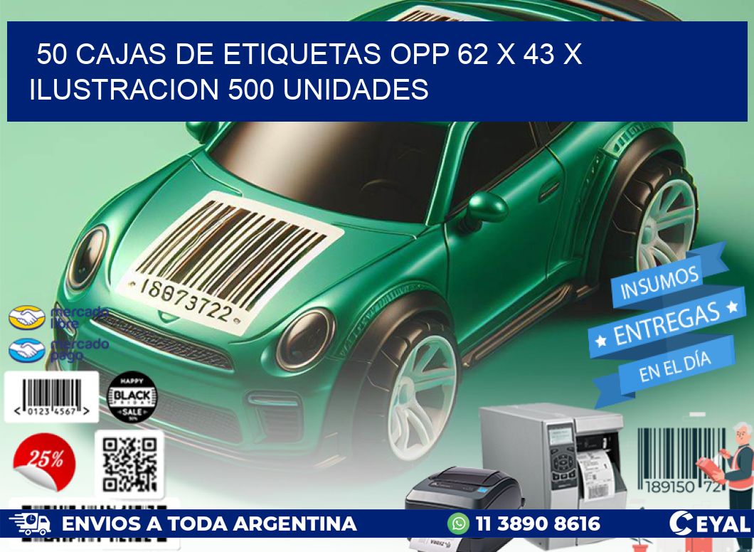 50 CAJAS DE ETIQUETAS OPP 62 x 43 X ILUSTRACION 500 UNIDADES