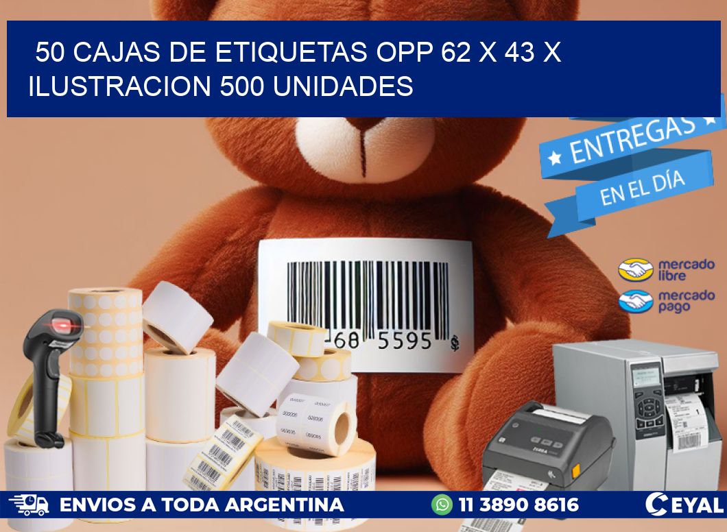 50 CAJAS DE ETIQUETAS OPP 62 x 43 X ILUSTRACION 500 UNIDADES