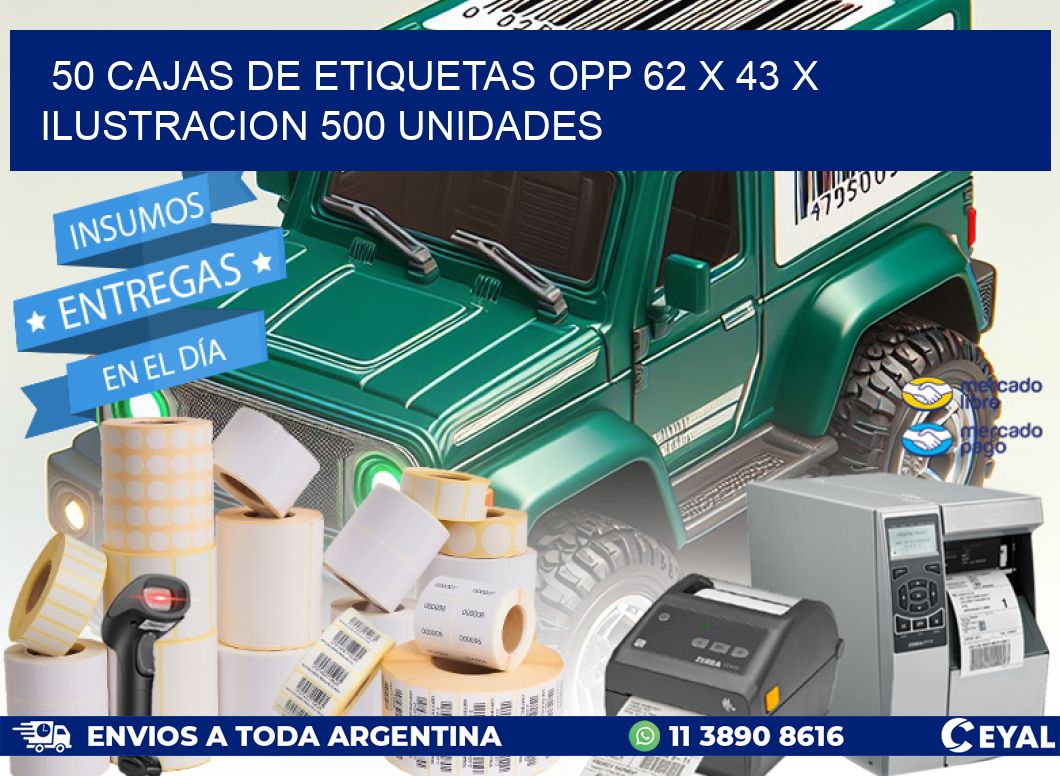 50 CAJAS DE ETIQUETAS OPP 62 x 43 X ILUSTRACION 500 UNIDADES