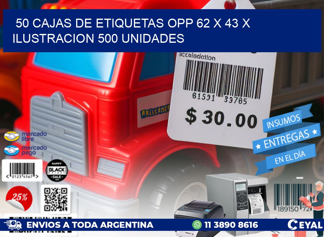 50 CAJAS DE ETIQUETAS OPP 62 x 43 X ILUSTRACION 500 UNIDADES