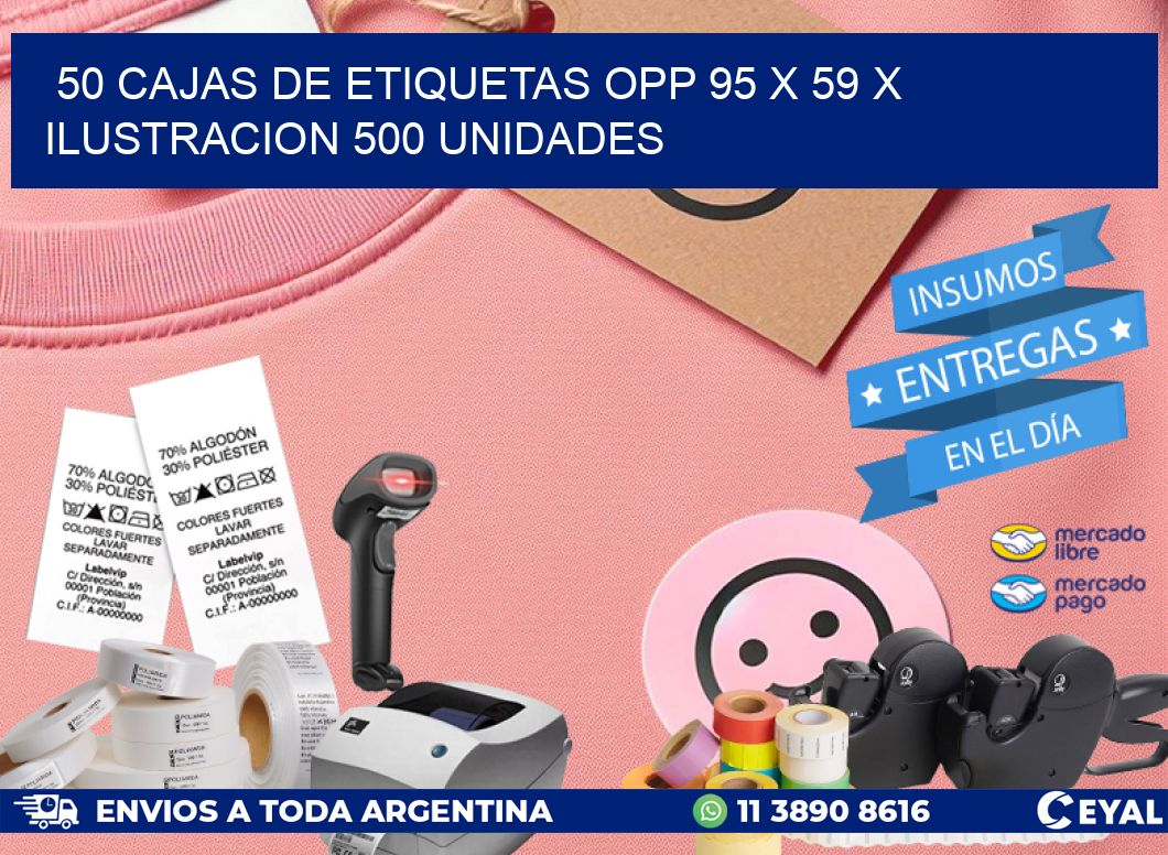 50 CAJAS DE ETIQUETAS OPP 95 x 59 X ILUSTRACION 500 UNIDADES