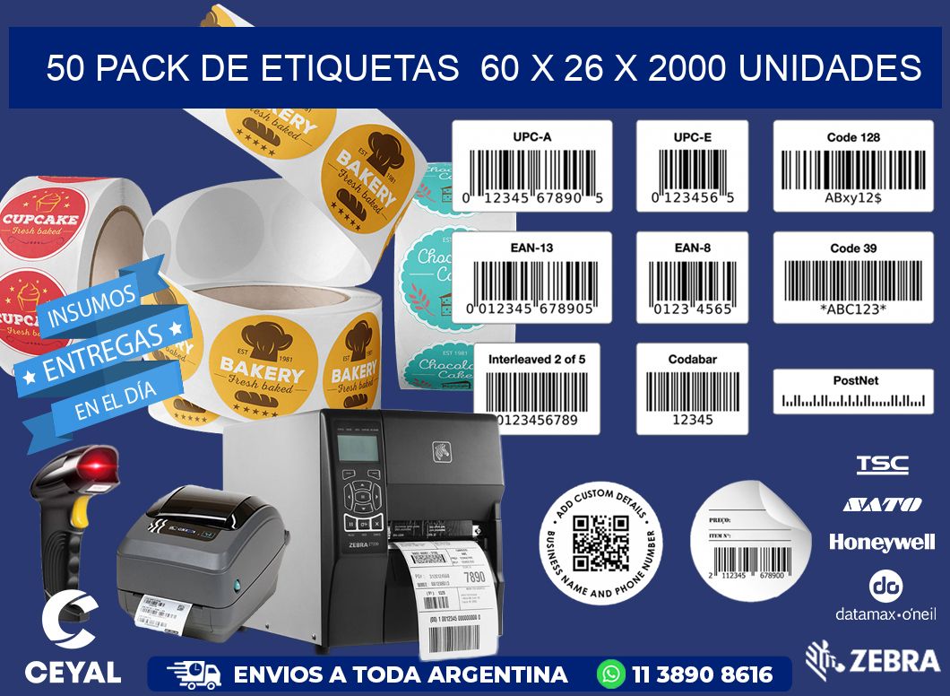 50 PACK DE ETIQUETAS  60 x 26 X 2000 UNIDADES