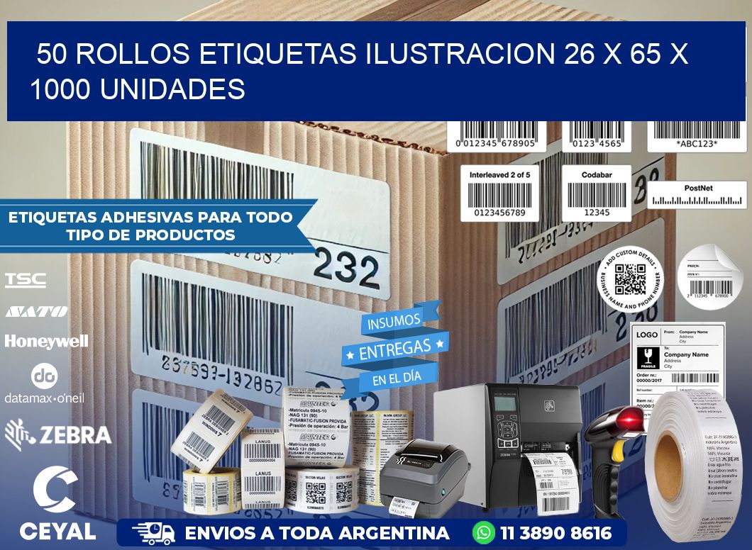50 ROLLOS ETIQUETAS ILUSTRACION 26 x 65 X 1000 UNIDADES