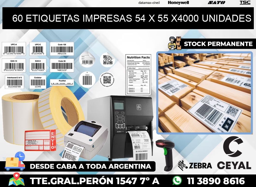 60 ETIQUETAS IMPRESAS 54 x 55 X4000 UNIDADES