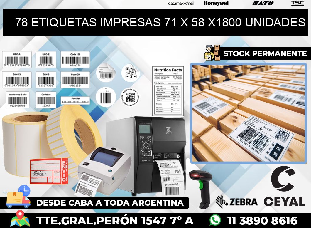 78 ETIQUETAS IMPRESAS 71 x 58 X1800 UNIDADES