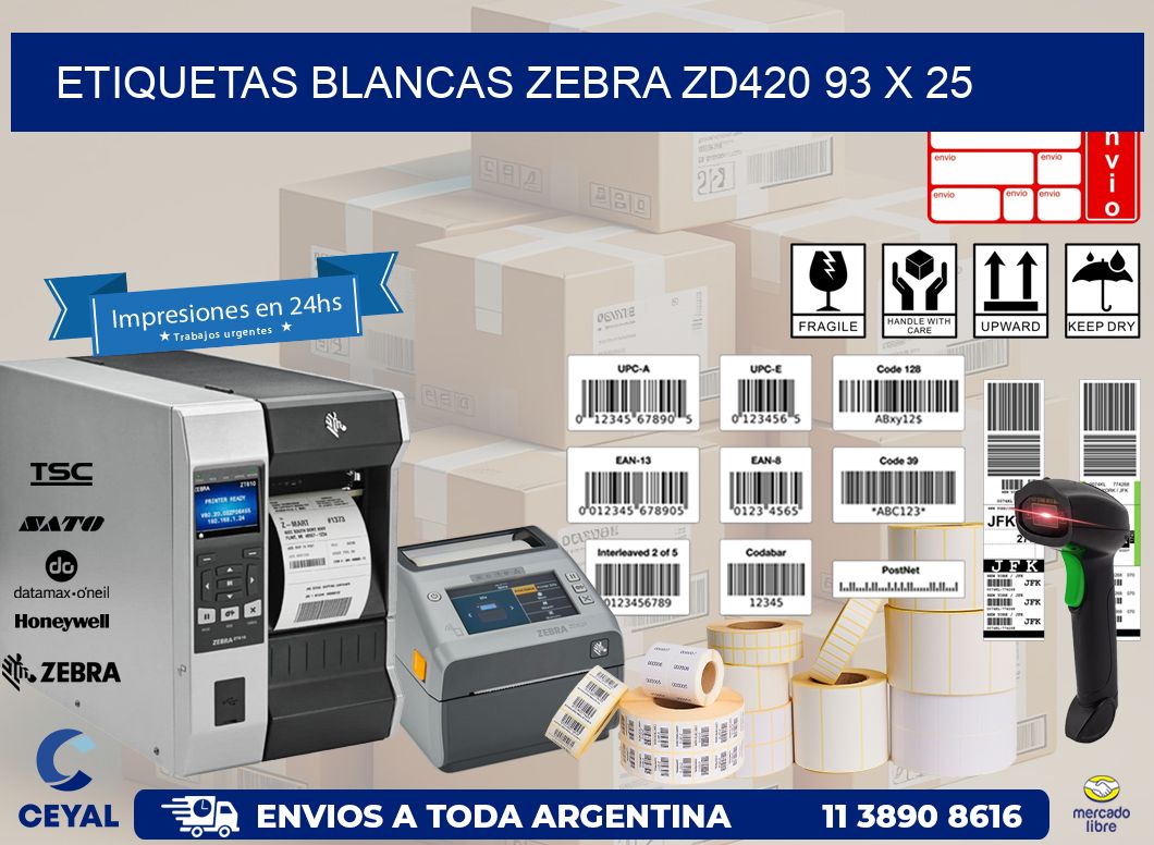 ETIQUETAS BLANCAS ZEBRA ZD420 93 x 25