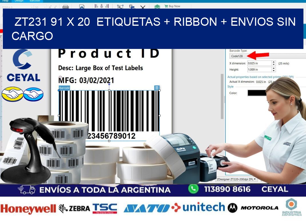 ZT231 91 x 20  etiquetas + ribbon + envios sin cargo