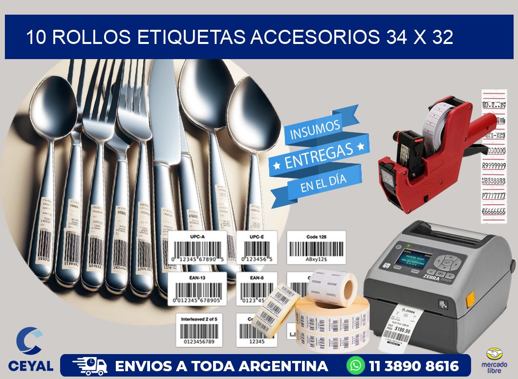 10 ROLLOS ETIQUETAS ACCESORIOS 34 x 32