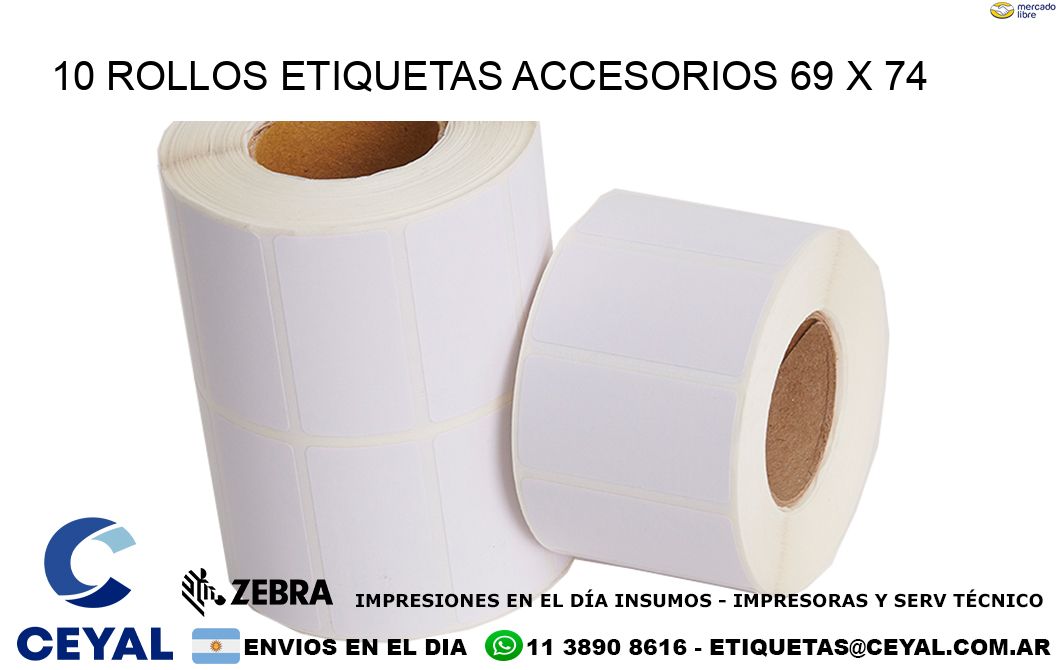10 ROLLOS ETIQUETAS ACCESORIOS 69 x 74