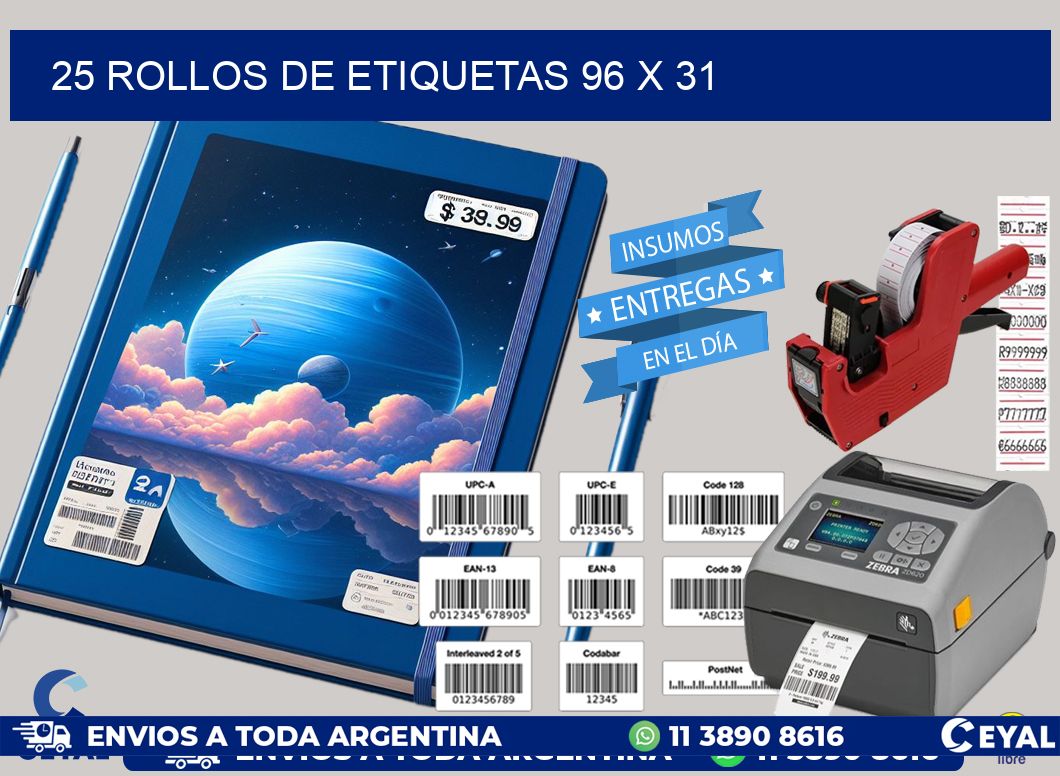 25 ROLLOS DE ETIQUETAS 96 x 31