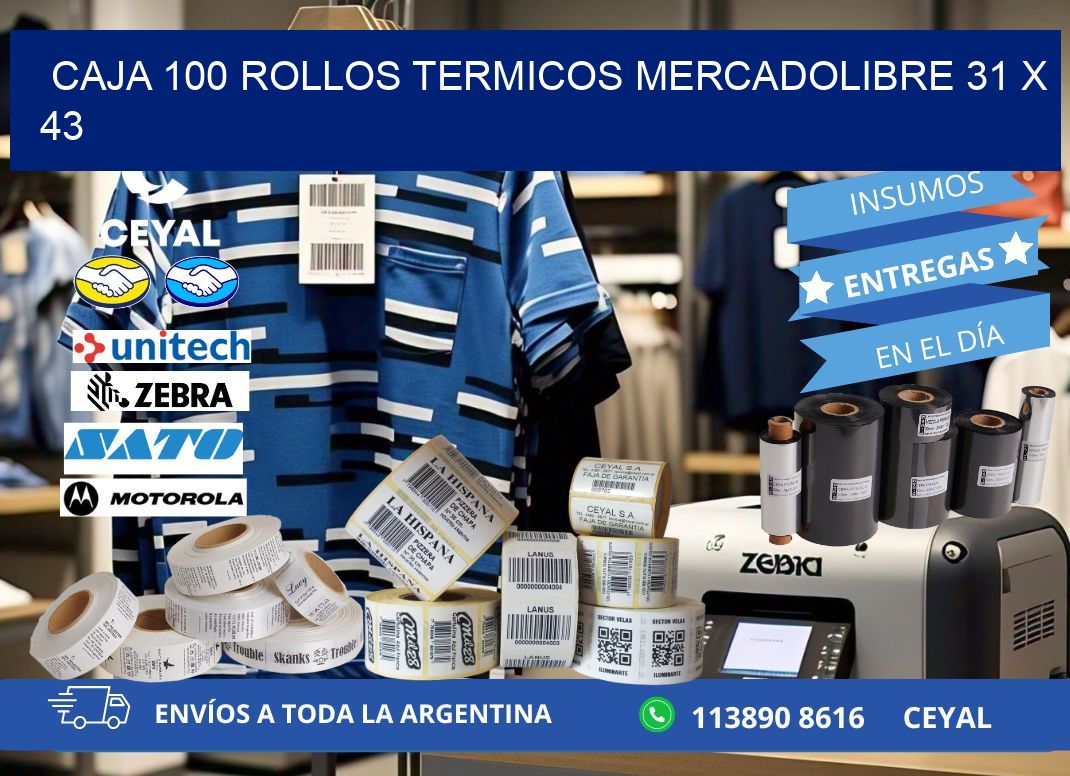CAJA 100 ROLLOS TERMICOS MERCADOLIBRE 31 x 43